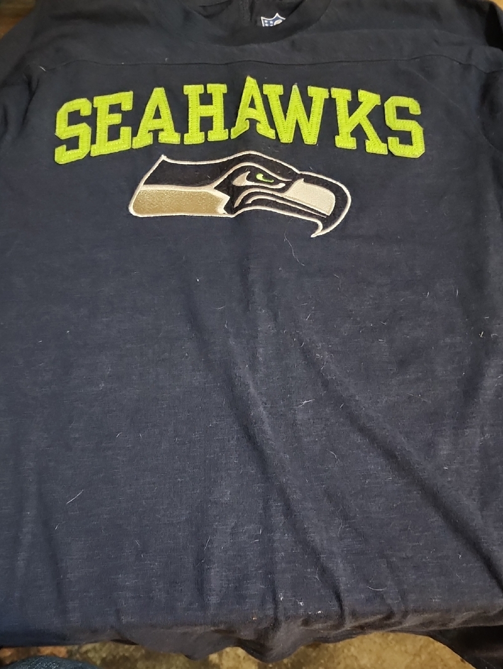 Seattle Seahawks Navy Long Sleeve with Neon Green Logo Adult Size M
